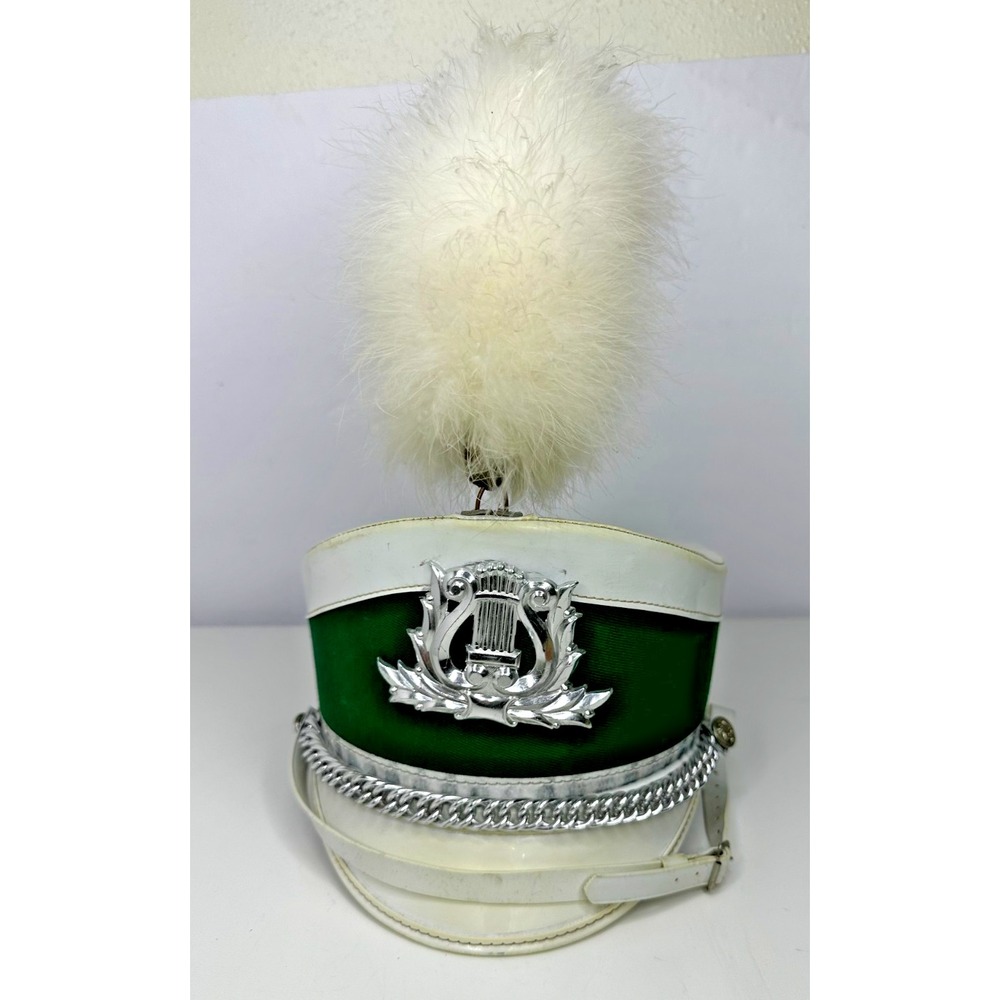 Vtg Shako Master Marching Band Hat Green White Feather Plume Chin Strap Uniform